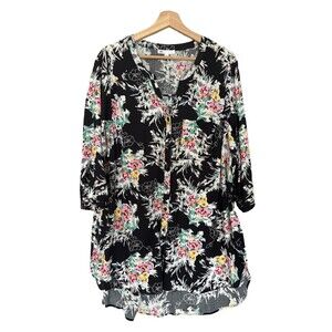 DR2 Floral Print Button Down Long Sleeve Long Blouse Top Boho Bohemian Women 1X